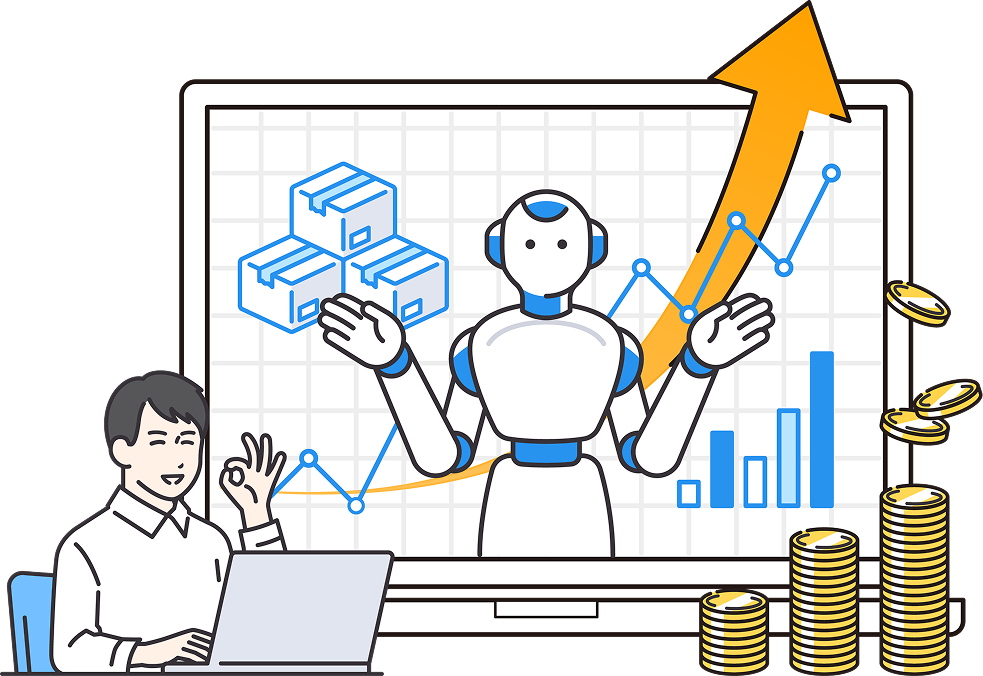 DropBotが在庫管理と受注処理を自動化するイラスト