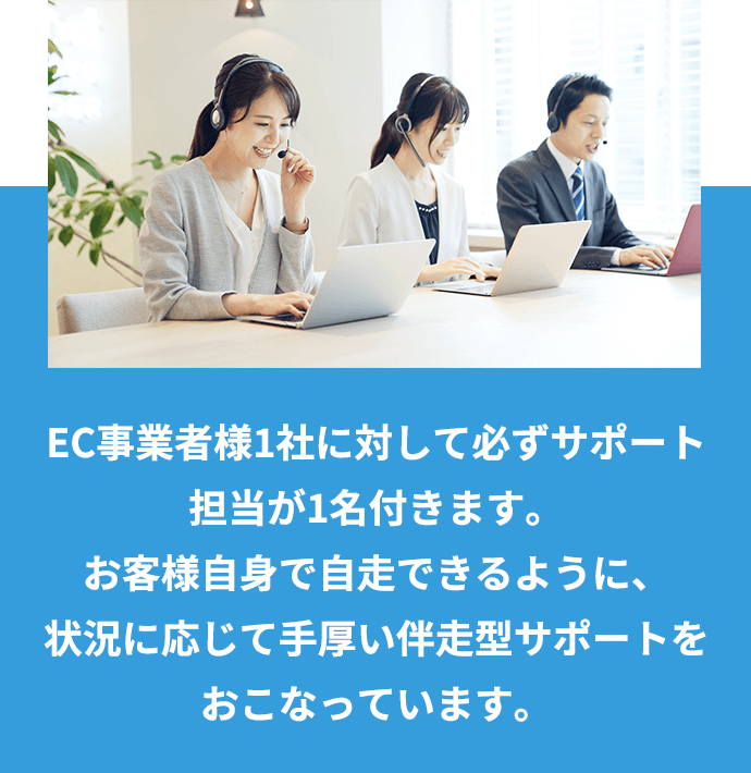 EC事業者様1社に対して必ずサポート担当が1名付きます。お客様自身で自走できるように、状況に応じて手厚い伴走型サポートをおこなっています。